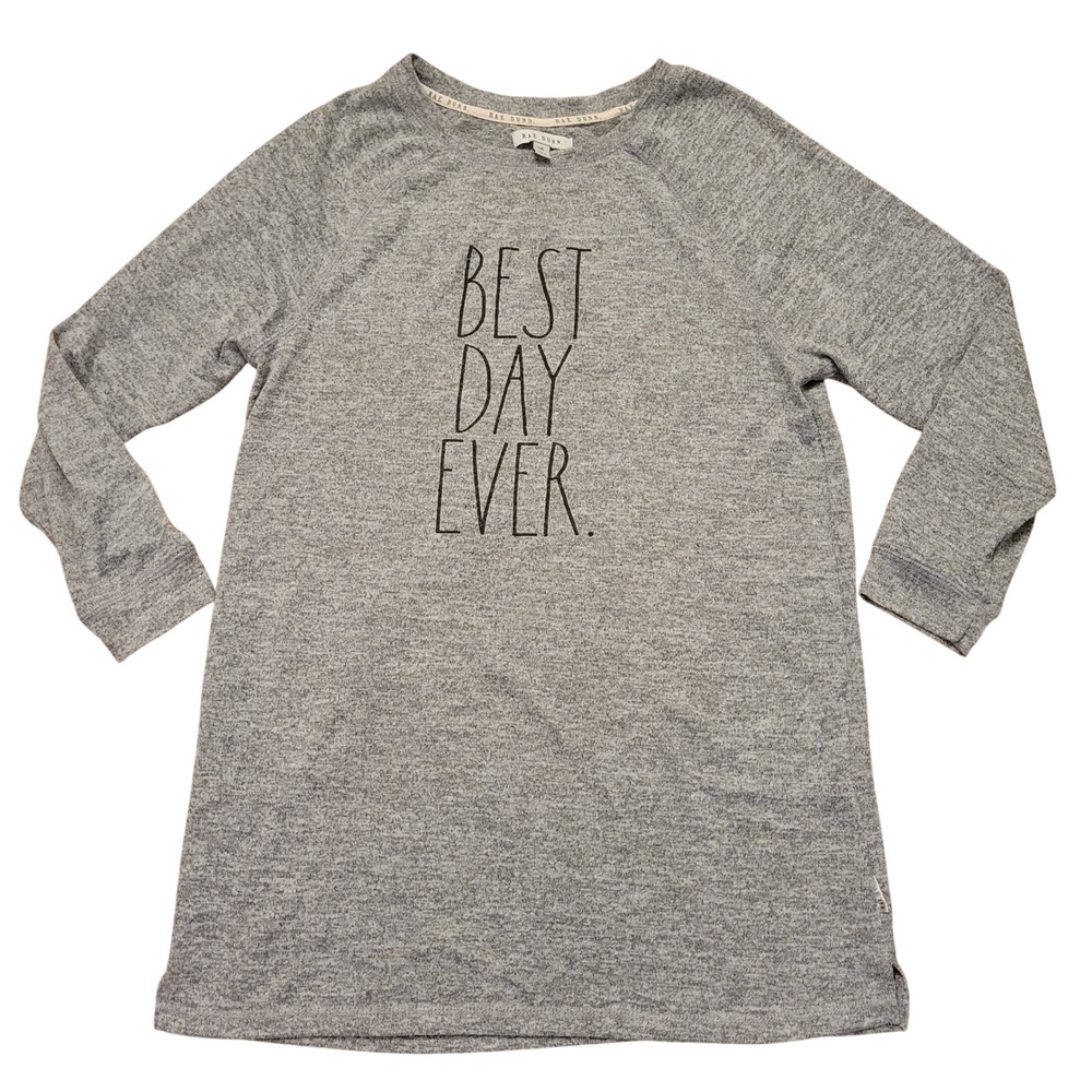Rae Dunn L Nightgown Sleepshirt Grey Best Day Ever Graphic Pockets Soft Cozy